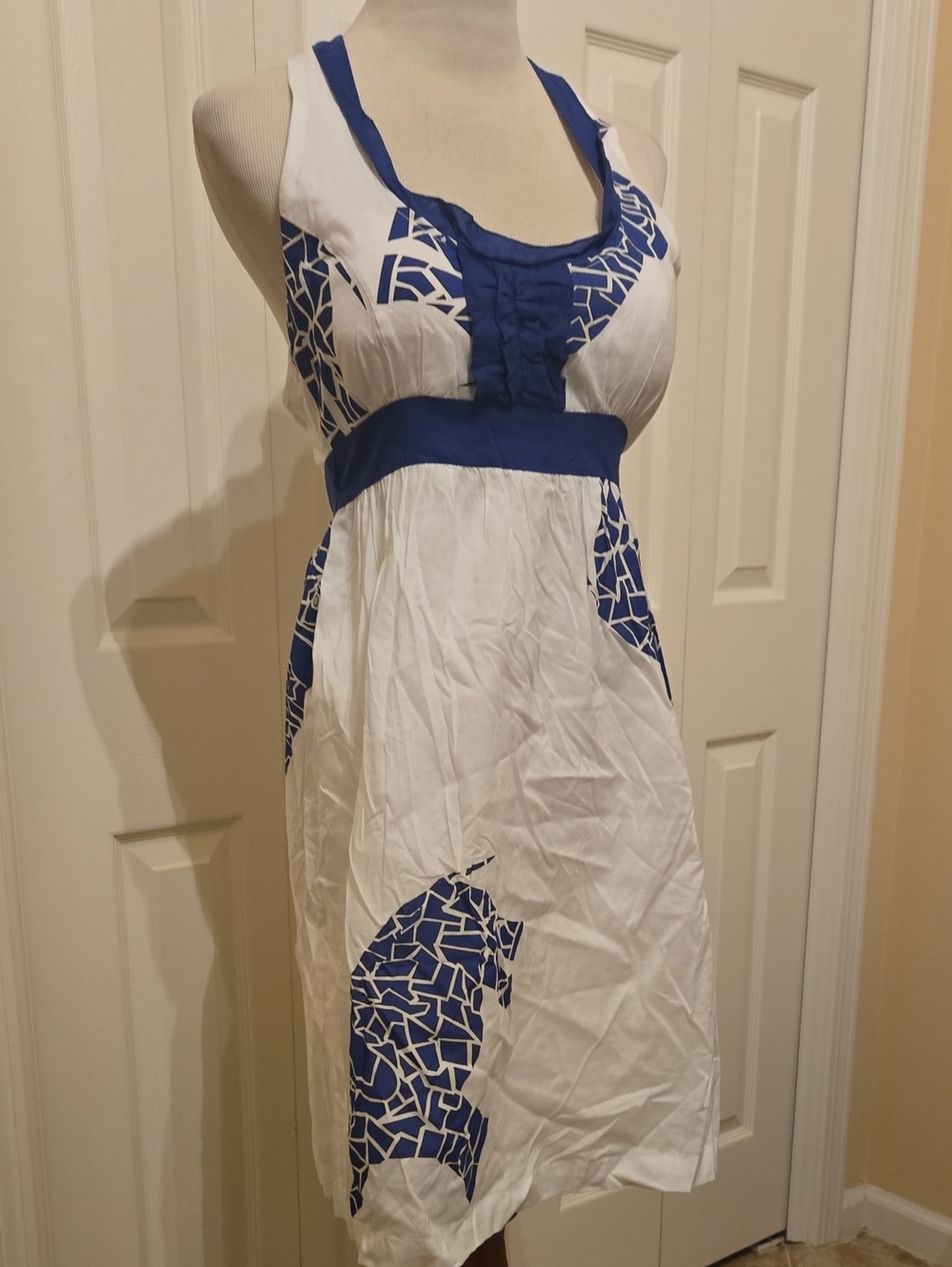 NWT Tracy Negoshian White & Royal Blue Mosaic Elephant Halter Dress Sz S/M